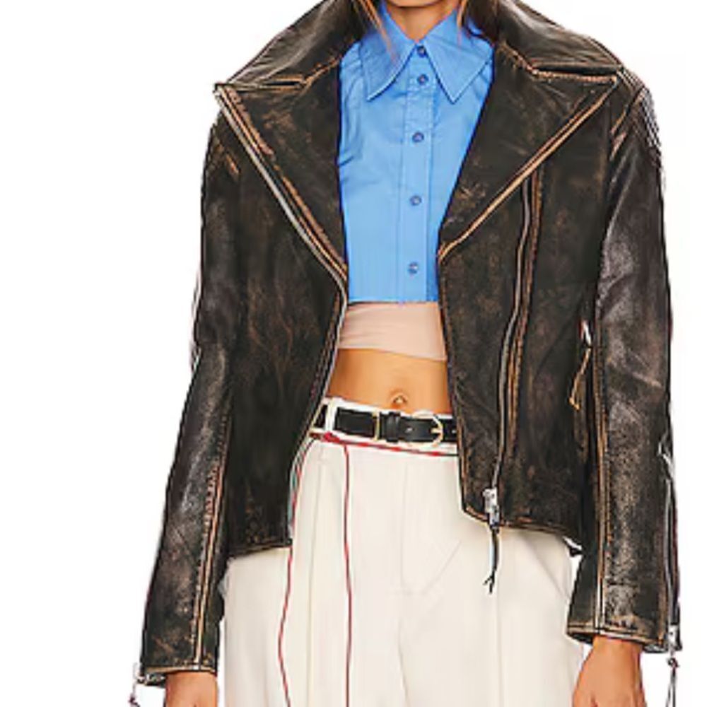 EAVES Gia Leather Moto Jacket in Brown small